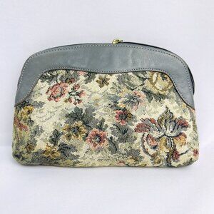 Vintage Floral Tapestry Cosmetic Case Change Purse Gray Leather Trim with Zipper